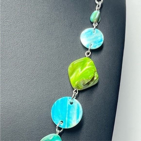 Seaside Bohemian Blue Green Silver Tone Statement Necklace # 246 - Picture 3 of 8